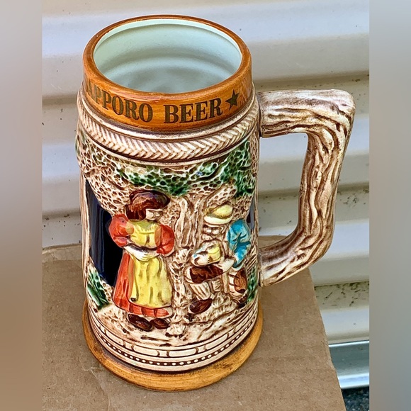 Mid Century Vtg Sapporo Japanese Beer Stein Embossed Glazed Ceramic Artwork Mug - Picture 3 of 16